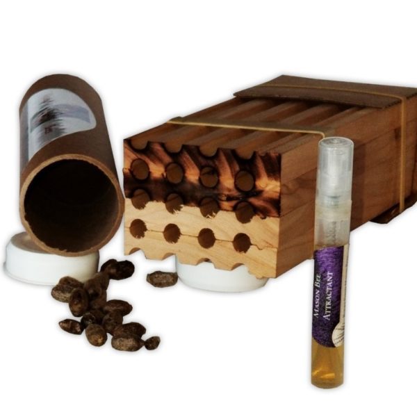 Mason Bee Attractant, release tube, and nesting block